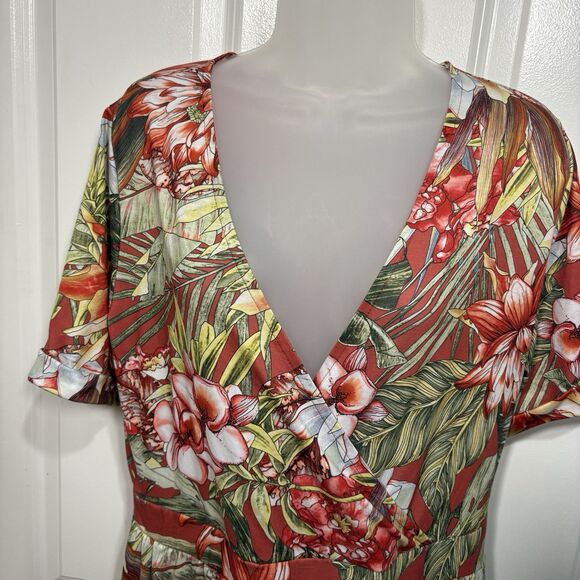 Lascana Dress Womens 12 Red Floral V Neck Wrap Midi Tropical Boho Vacation - Picture 2 of 12